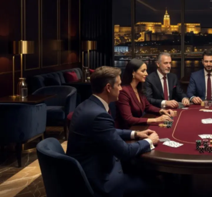 Elegáns vállalati offline pókerest Budapesten, munkatársak egy prémium poker asztal körül