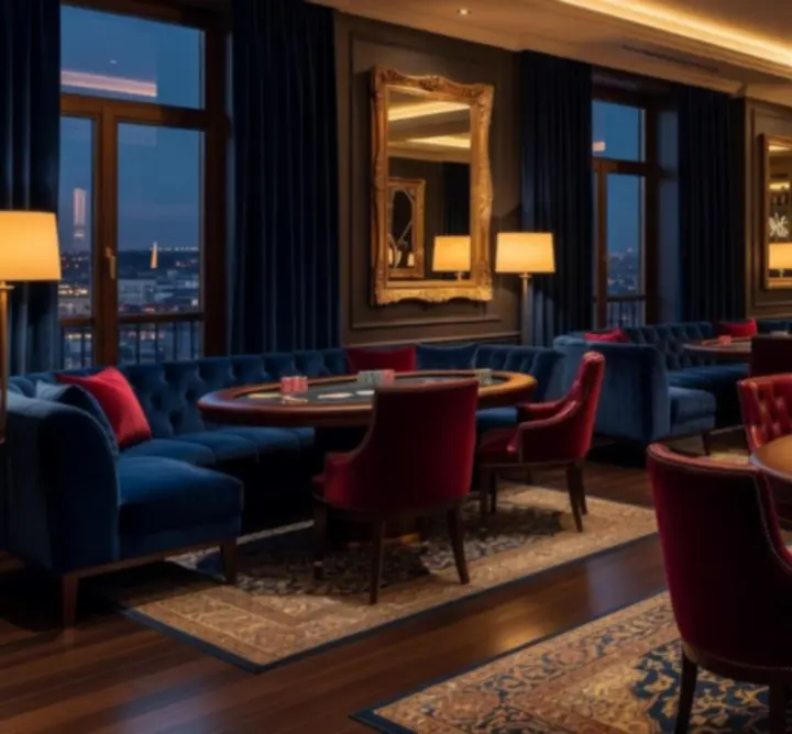 Modern, elegáns lounge belső tér, hangulatos világítással és társasági eseményekre hangolt elrendezéssel.