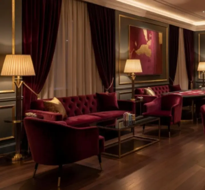 Modern, sötét tónusú lounge enteriőr arany részletekkel és társasági rendezvényhangulattal Budapesten.
