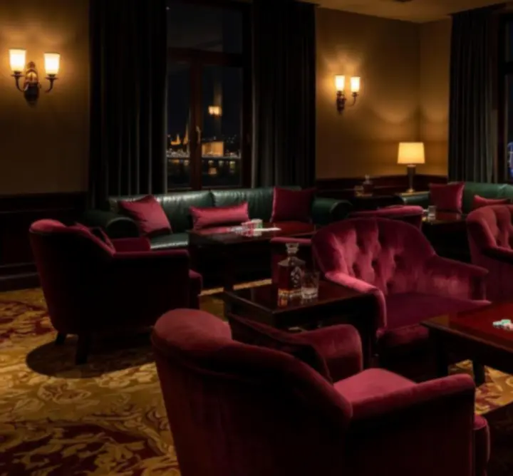 Prémium lounge hangulat, elegáns világítás és modern társasági tér Budapest belvárosában.