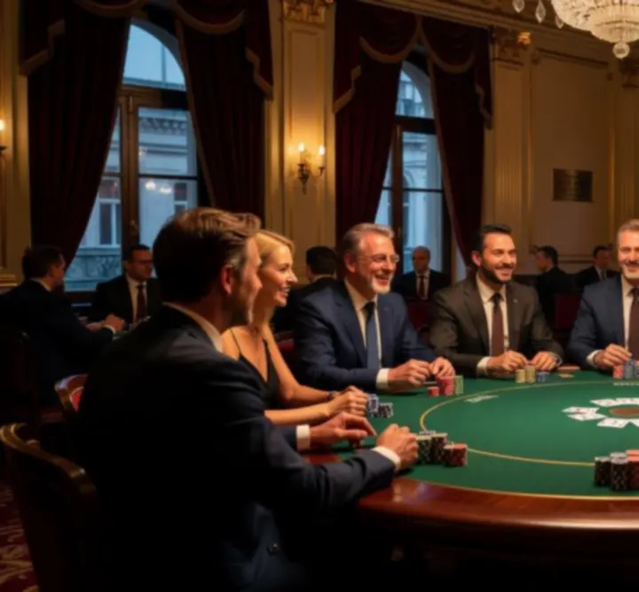 Társasági póker est pillanatképei elegáns, lounge hangulatú térben.