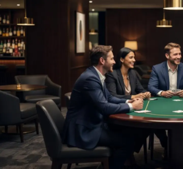 Céges csapat egy lounge stílusú térben, társasági hangulatban, poker asztalok körül Budapesten